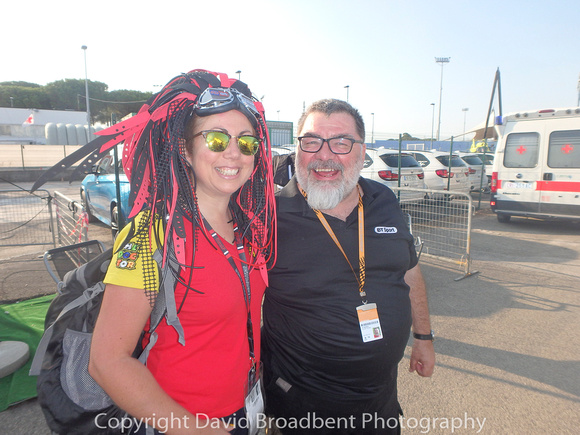 MotoGP commentator Julian Ryder with a fan.  Misano, Italy